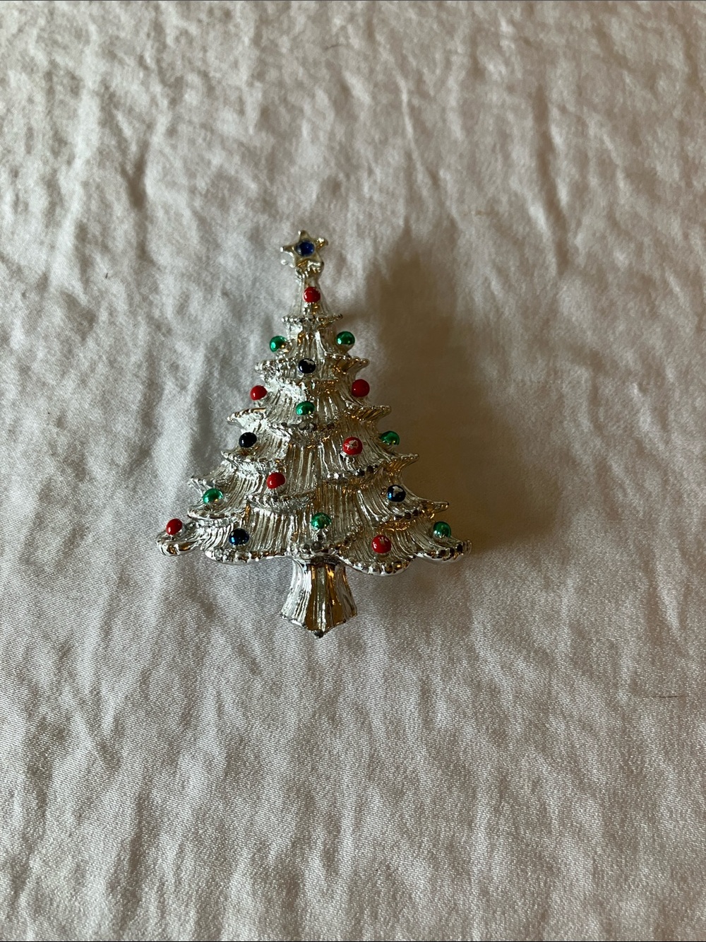 Gerry’s: Silver Tone Christmas Tree Brooch- Multicolor Rhinestones